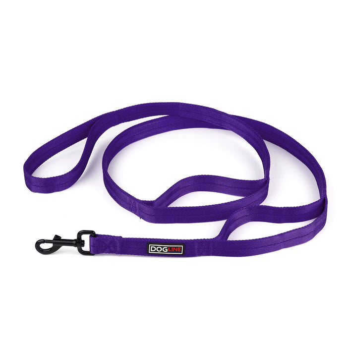 Purple nylon multi-handle dog leash with black snap hook, three handles