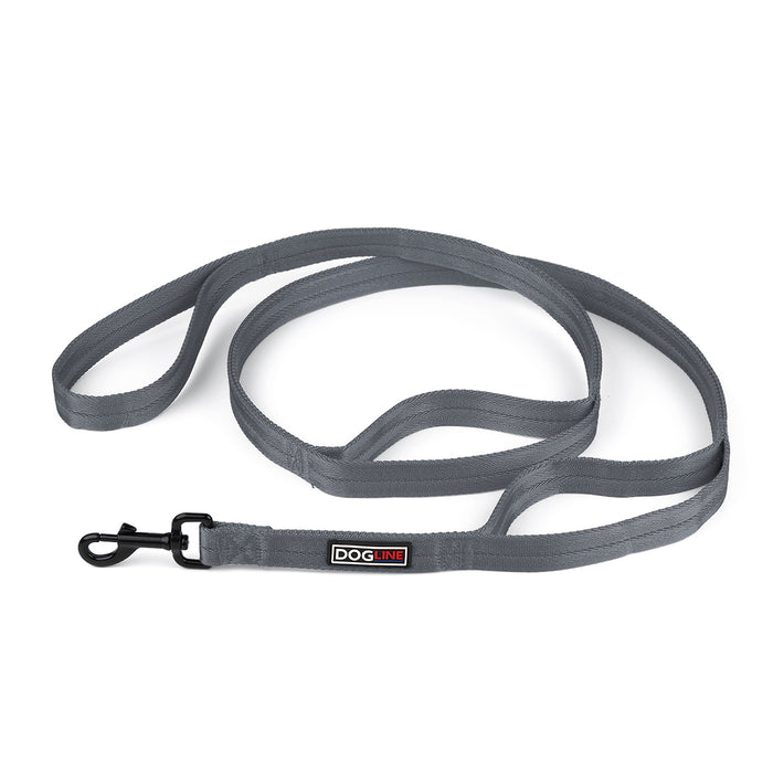 Gray nylon multi-handle dog leash with black snap hook, three handles