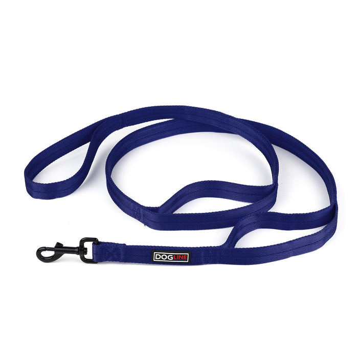 Navy blue nylon multi-handle dog leash with black snap hook, three handles
