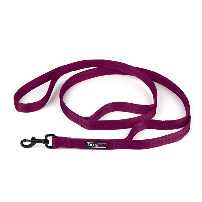 Burgundy nylon multi-handle dog leash with black snap hook, three handles