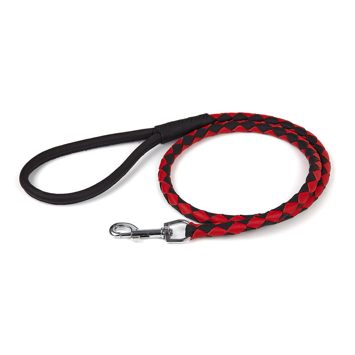 Black and red braided leather dog leash with metal snap hook