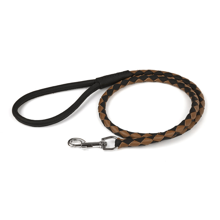 Black and brown braided leather dog leash with metal snap hook