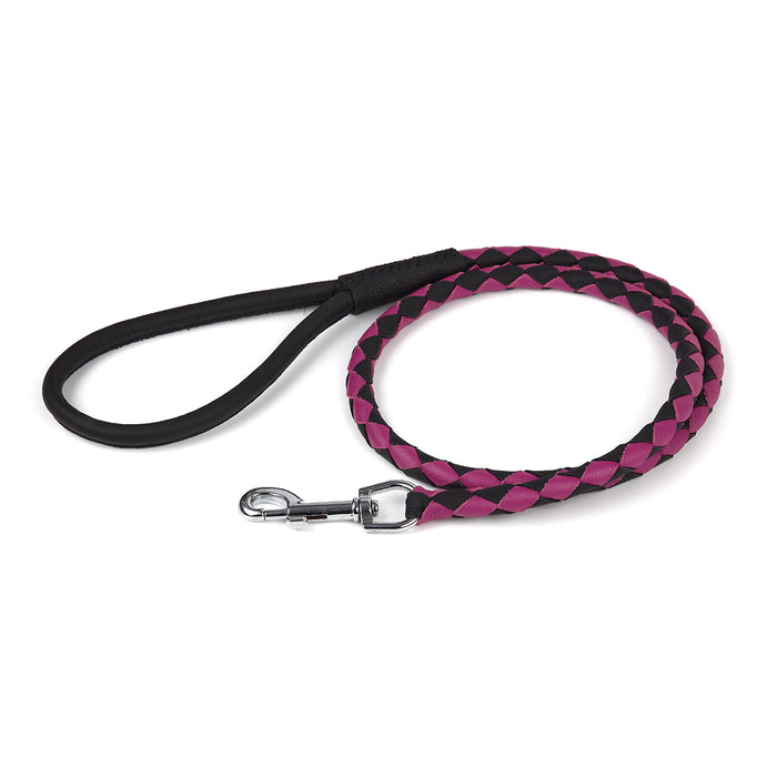 Black and pink braided leather dog leash with metal snap hook