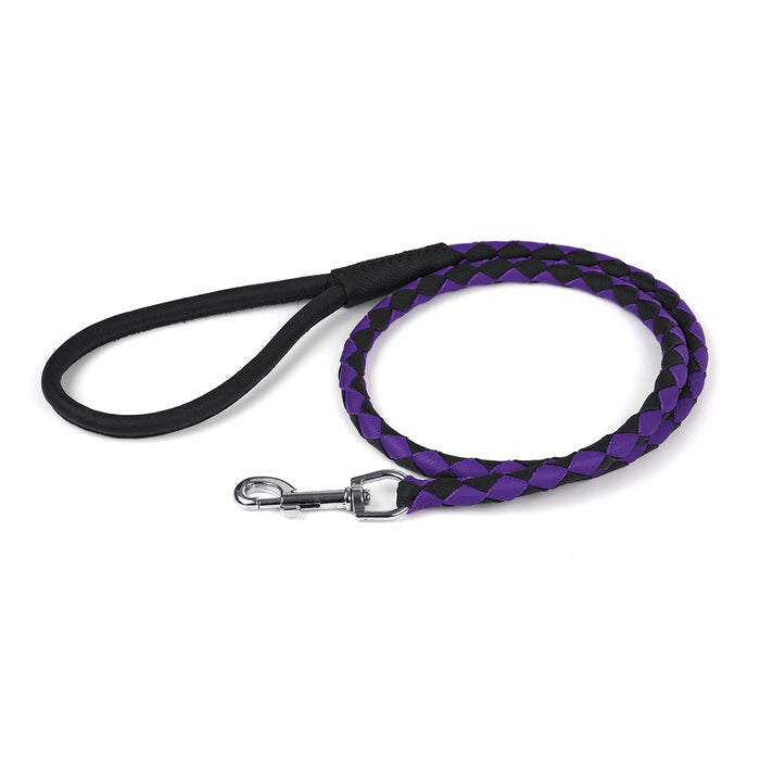 Black and purple braided leather dog leash with metal snap hook