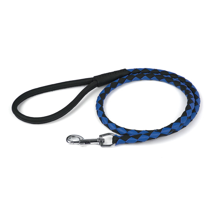 Black and blue braided leather dog leash with metal snap hook
