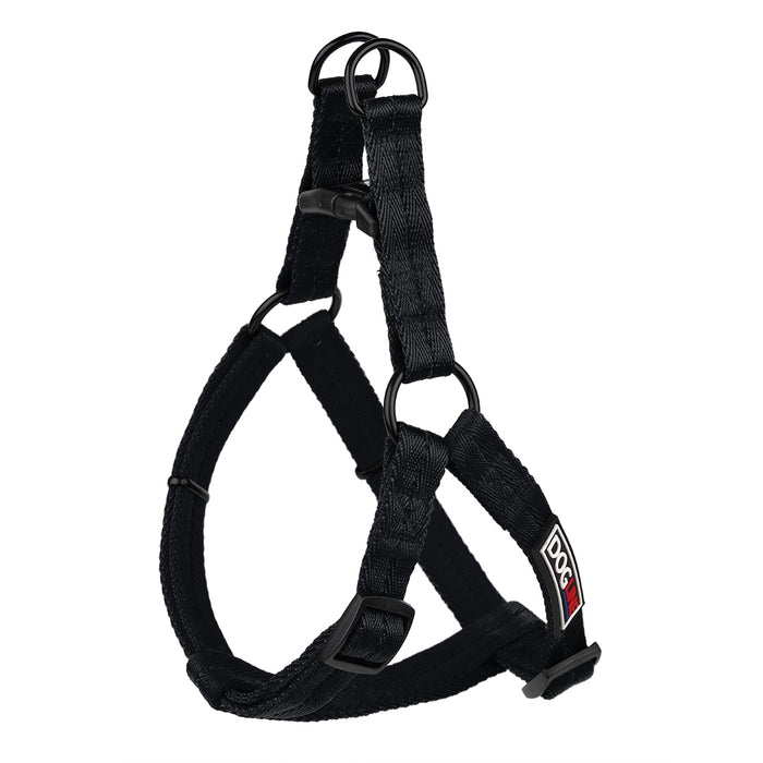 Black nylon dog harness with quick release buckle, step-in, adjustable, XS and S size
