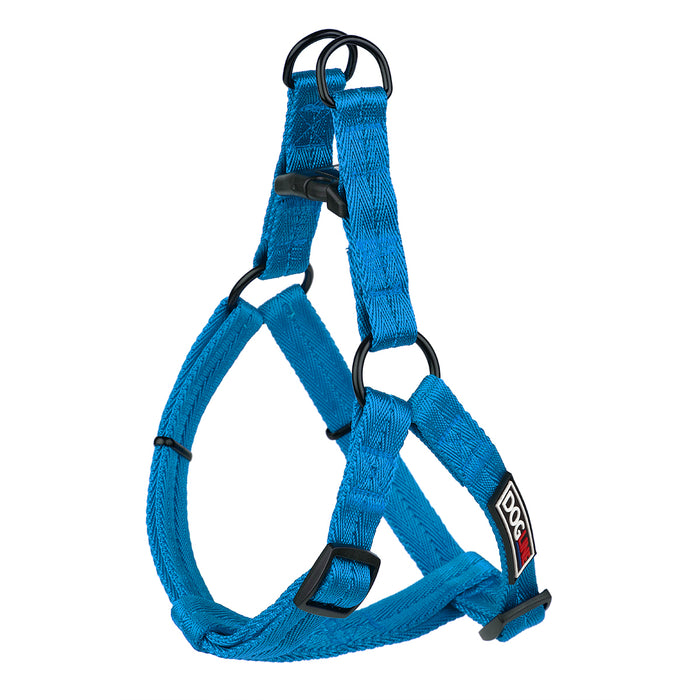 Blue nylon dog harness with quick release buckle, step-in, adjustable, XS and S size