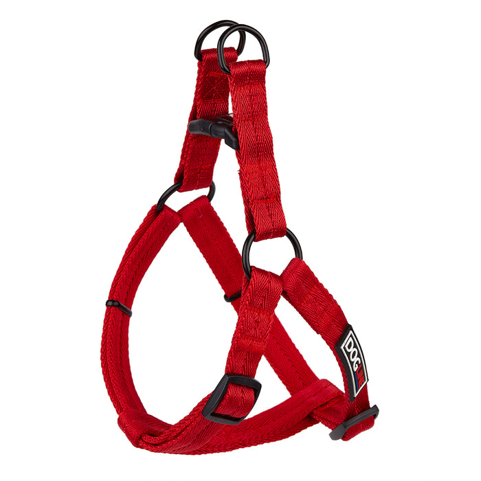Red nylon dog harness with quick release buckle, step-in, adjustable, XS and S size