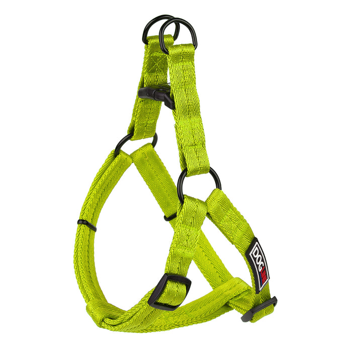 Lime green nylon dog harness with quick release buckle, step-in, adjustable, XS and S size
