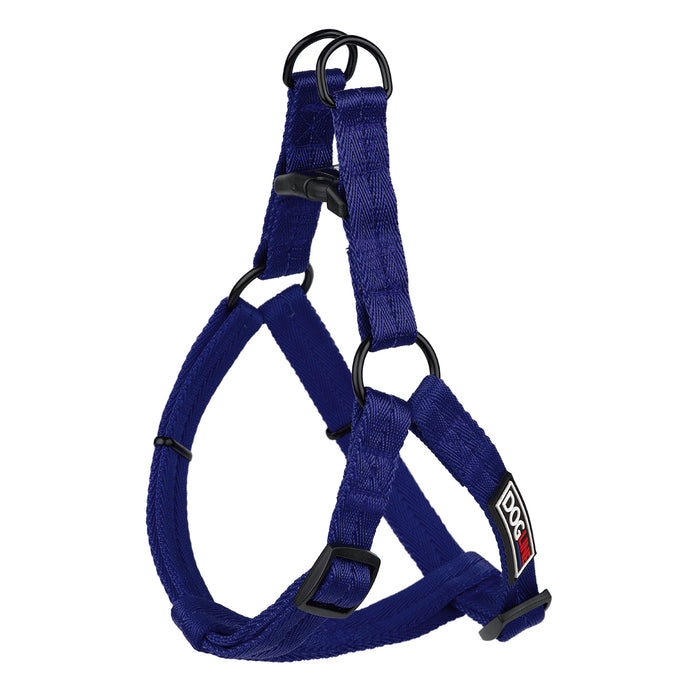 Navy blue nylon dog harness with quick release buckle, step-in, adjustable, XS and S size