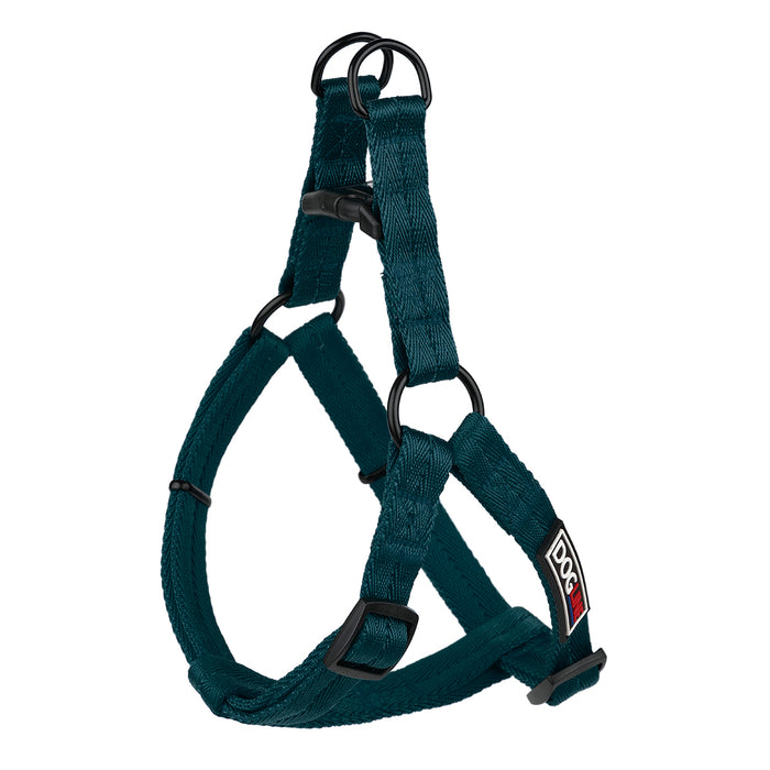Teal nylon dog harness with quick release buckle, step-in, adjustable, XS and S size