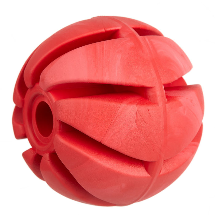 Red rubber spiral ball dog toy for chewers with vanilla scent