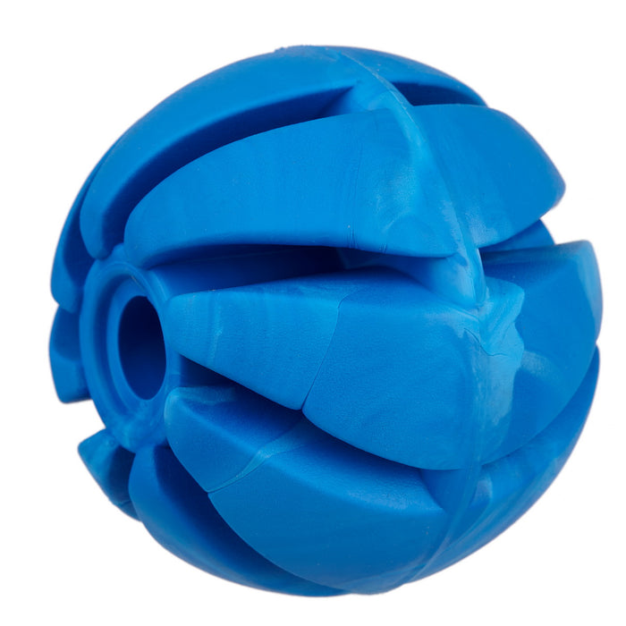 Blue rubber spiral ball dog toy for chewers with vanilla scent