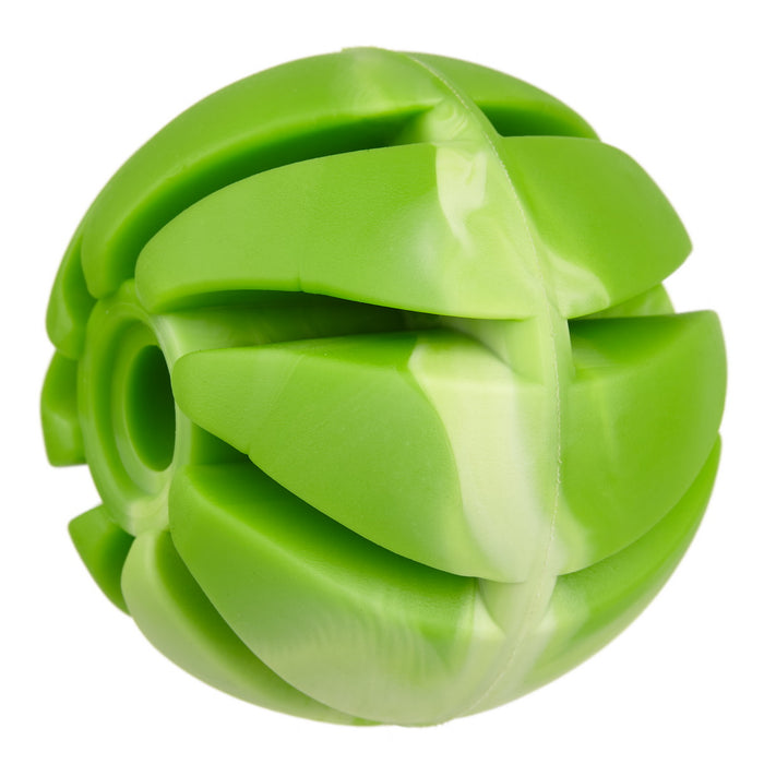 Green rubber spiral ball dog toy for chewers with vanilla scent