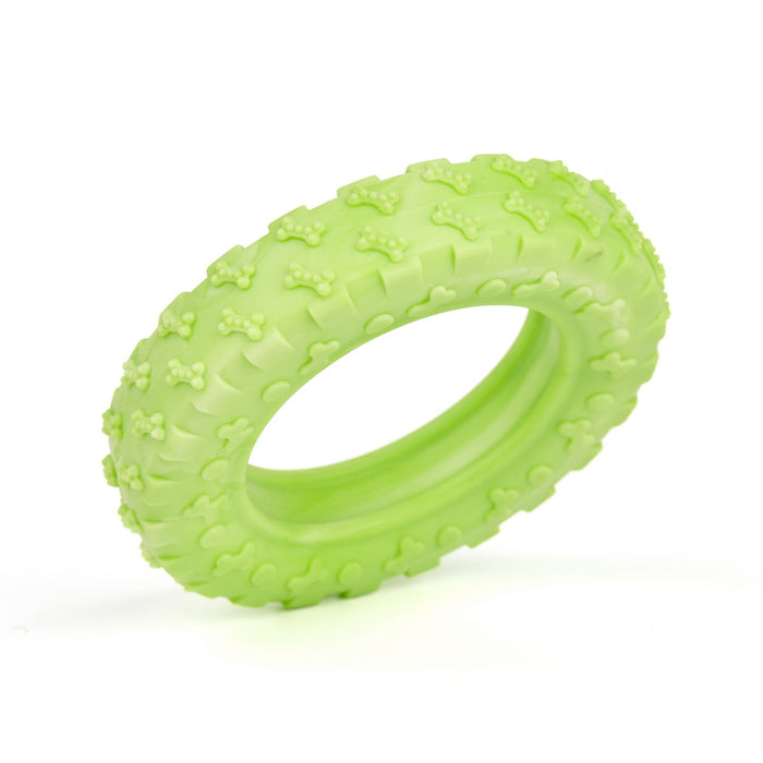 Small size green rubber tire: dog toy for chewers with vanilla scent