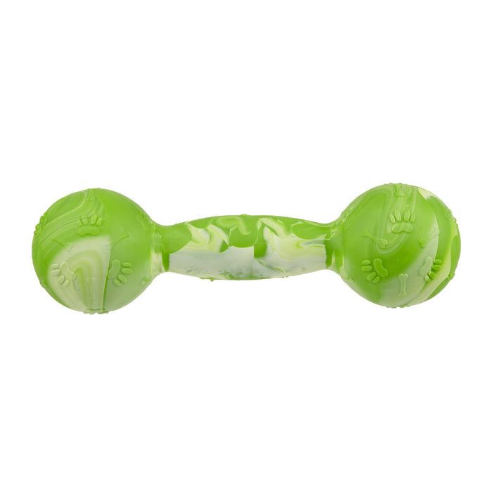 Small size green rubber dumbbell: dog toy for chewers with vanilla scent