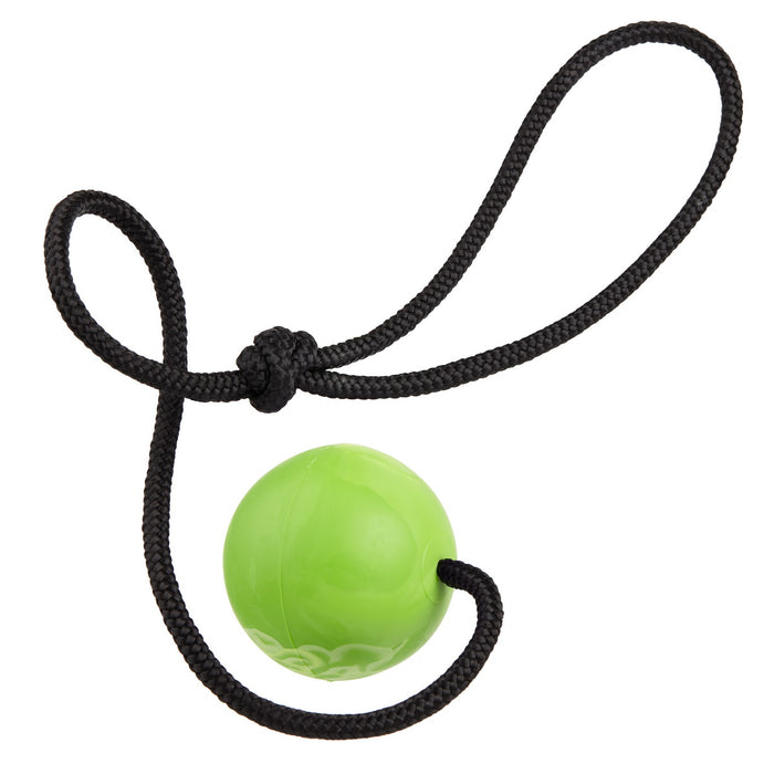 Green rubber ball dog toy for chewers with nylon rope and vanilla scent