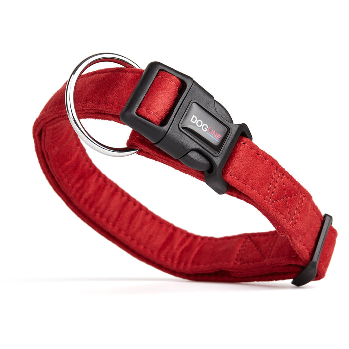 Red microfiber dog collar with quick release buckle, 3/4- and 1-inch wide