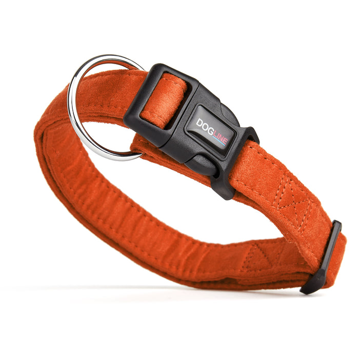 Orange microfiber dog collar with quick release buckle, 3/4- and 1-inch wide