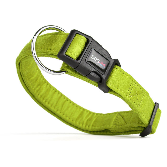 Green microfiber dog collar with quick release buckle, 3/4- and 1-inch wide
