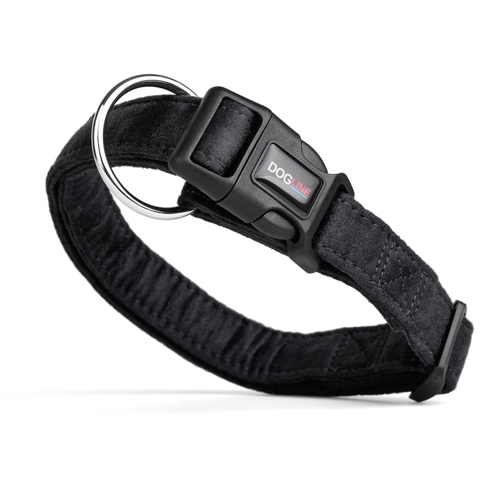 Black microfiber dog collar with quick release buckle, 3/4- and 1-inch wide