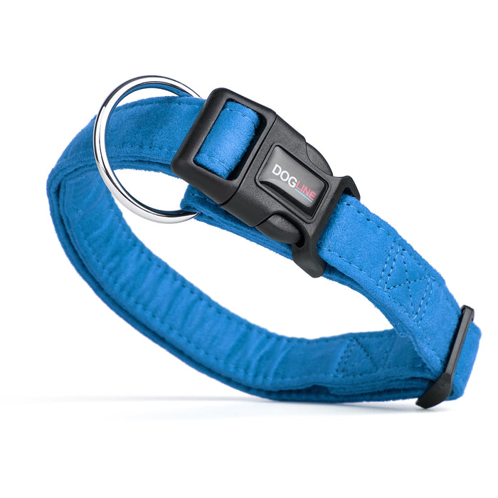 Blue microfiber dog collar with quick release buckle, 3/4- and 1-inch wide