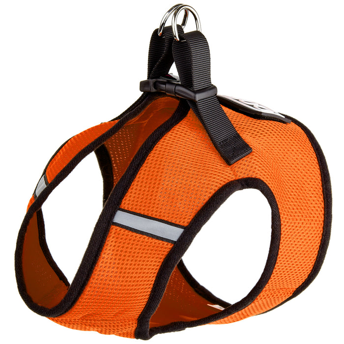 Orange dog harness with reflective stripes and hook and loop fastener for one patch