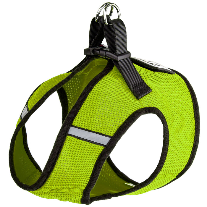 Lime green dog harness with reflective stripes and hook and loop fastener for one patch
