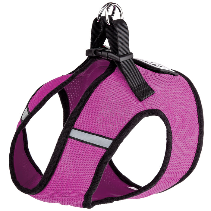 Pink dog harness with reflective stripes and hook and loop fastener for one patch
