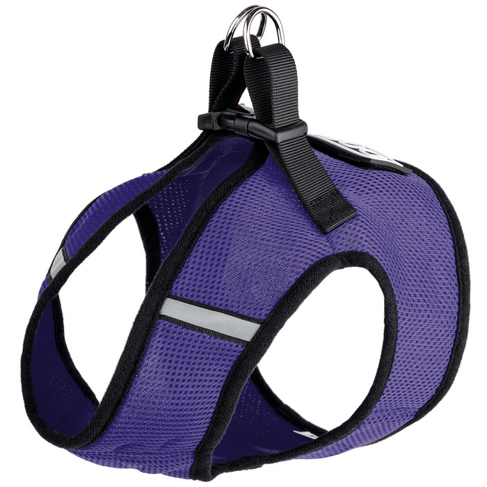 Purple dog harness with reflective stripes and hook and loop fastener for one patch