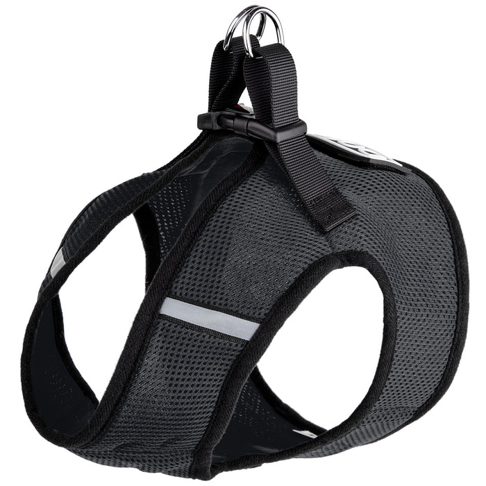Black dog harness with reflective stripes and hook and loop fastener for one patch