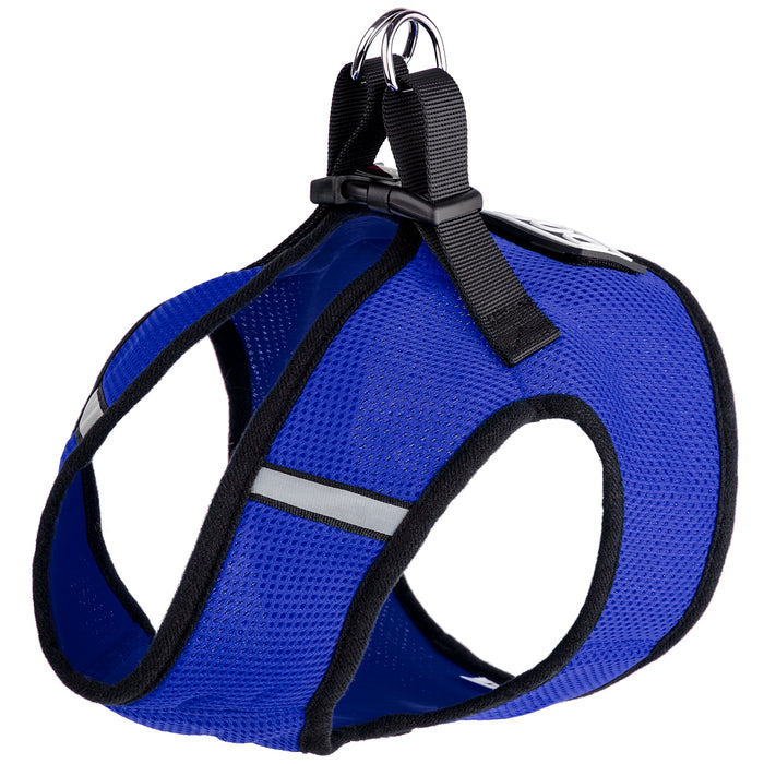 Blue dog harness with reflective stripes and hook and loop fastener for one patch
