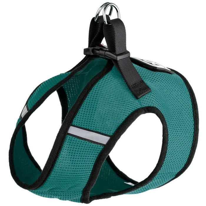 Teal dog harness with reflective stripes and hook and loop fastener for one patch