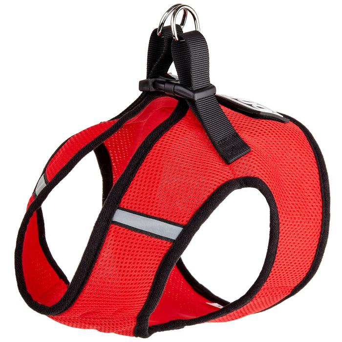 Red dog harness with reflective stripes and hook and loop fastener for one patch