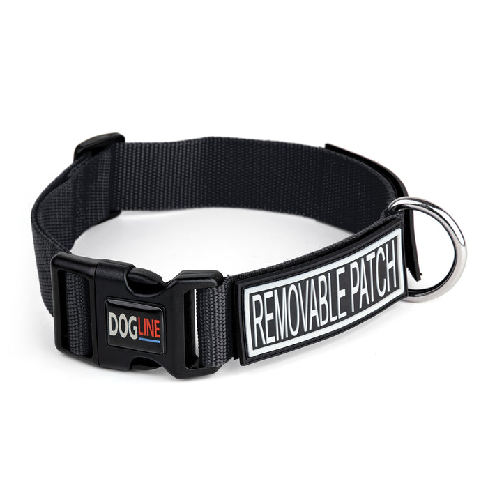 Black nylon dog collar with hook and loop fastener to attach patches, quick release buckle and metal D-ring