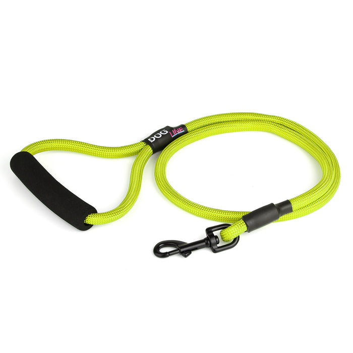 4 feet lime green nylon dog leash with neoprene padded handle and black snap hook