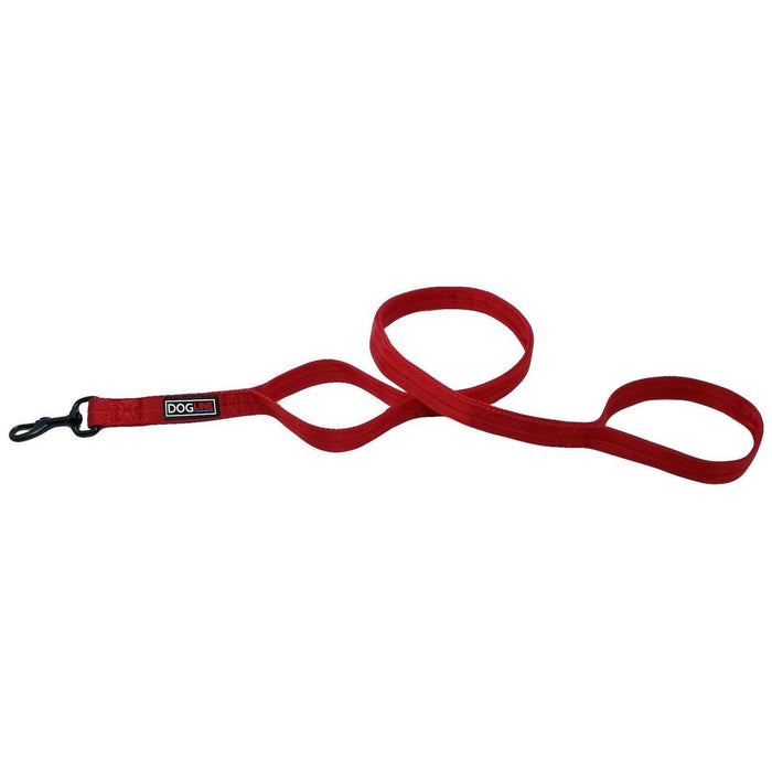 Red nylon 2-handle dog leash with black snap hook
