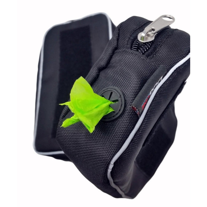 Dog harness saddlebags with built-in waste bag dispenser and fuzzy patch backing