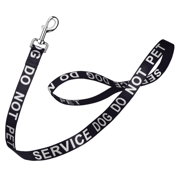 Black nylon dog leash with Service Dog Do Not Pet reflective lettering