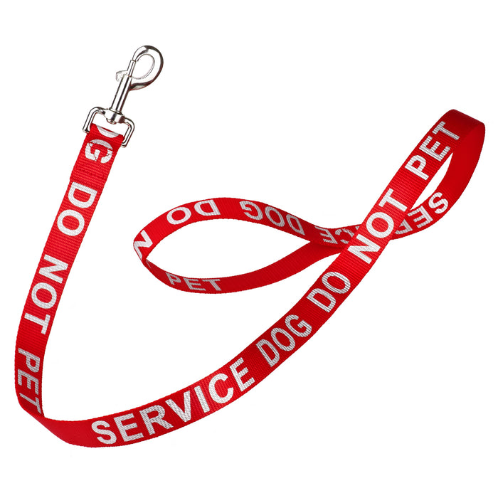 Red nylon dog leash with Service Dog Do Not Pet reflective lettering