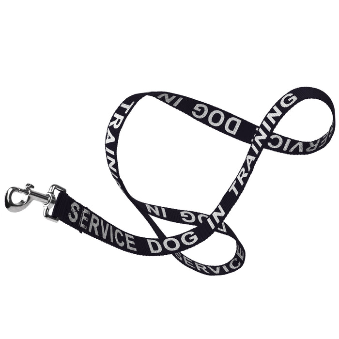 Black nylon dog leash with Service Dog in Training reflective lettering