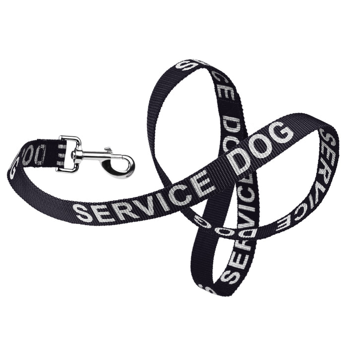 Black nylon dog leash with Service Dog reflective lettering