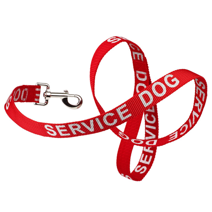 Red nylon dog leash with Service Dog reflective lettering