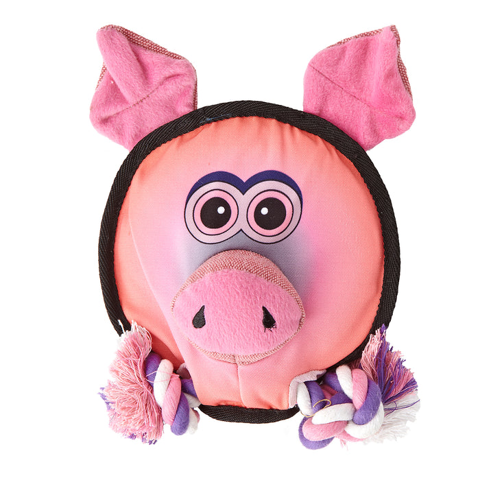 Pig round dog toy with a squeaker and a rope