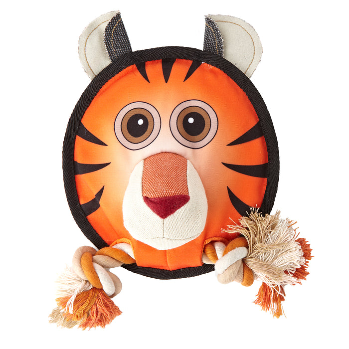 Tiger round dog toy with a squeaker and a rope