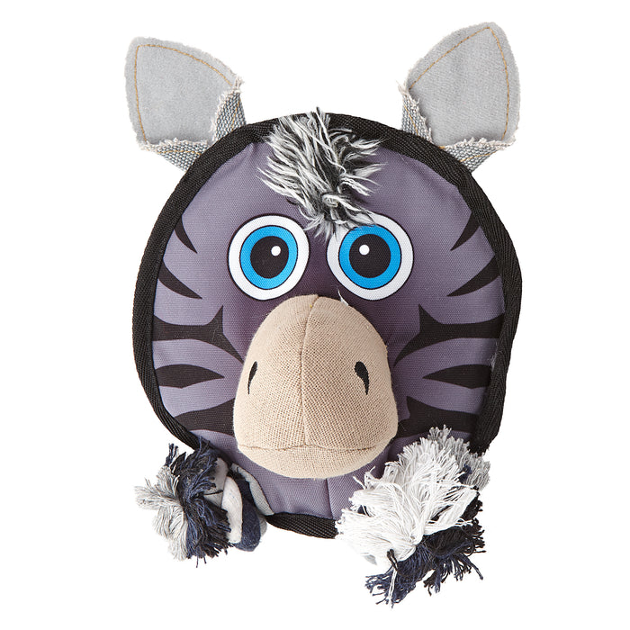 Zebra round dog toy with a squeaker and a rope