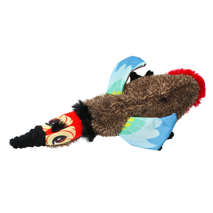 Crinkle dog toy, a bird with brown body, black beak and blue wings