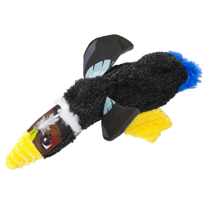 Crinkle dog toy, a bird with black body and yellow beak
