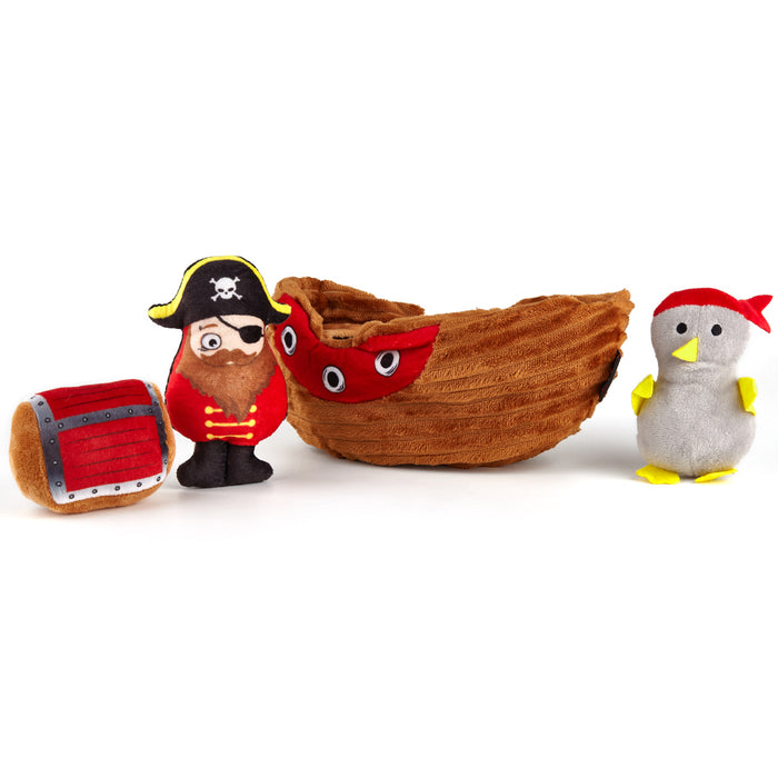 Puzzle dog toy for interactive hide and seek play, a ship with pirates and a treasure chest inside, 4 pieces set