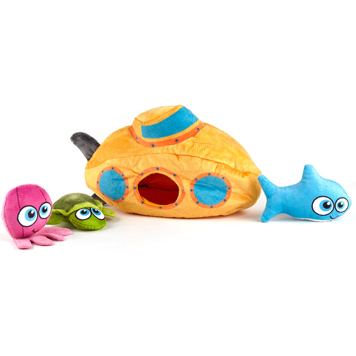 Puzzle dog toy for interactive hide and seek play, a submarine with cute sea creatures toys inside, 4 pieces set